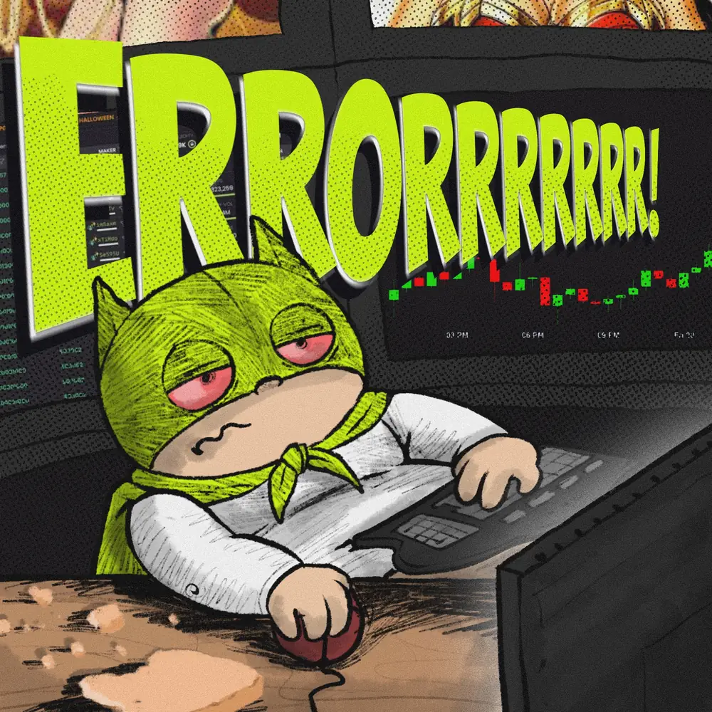 Fatman slumped at a trading desk covered in crumbs, six monitors of red candles behind him, the word ERRORRR across the screens.