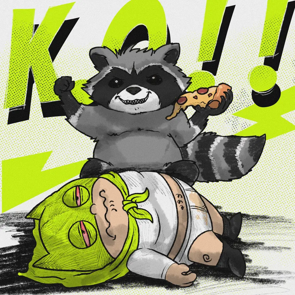 A grinning raccoon sitting victorious on top of a knocked-out Fatman, holding a slice of pizza, with KO written behind them.