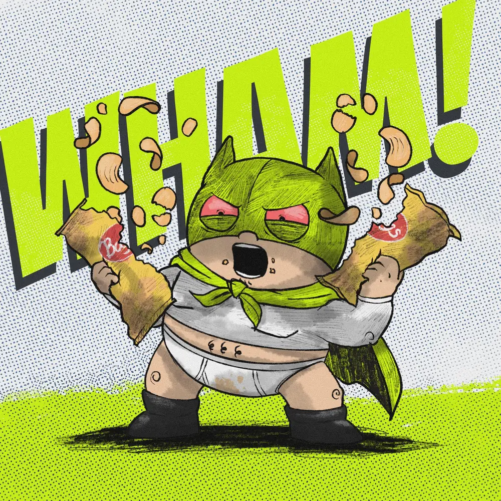 Fatman, a round superhero in a green cowl and stained underwear, tearing open two bags of chips as they explode around him.