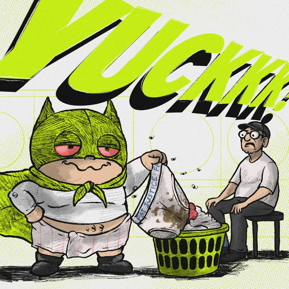 Fatman holding a filthy Fat Justice shirt over a laundry basket, flies circling, while a man on a stool stares in horror.